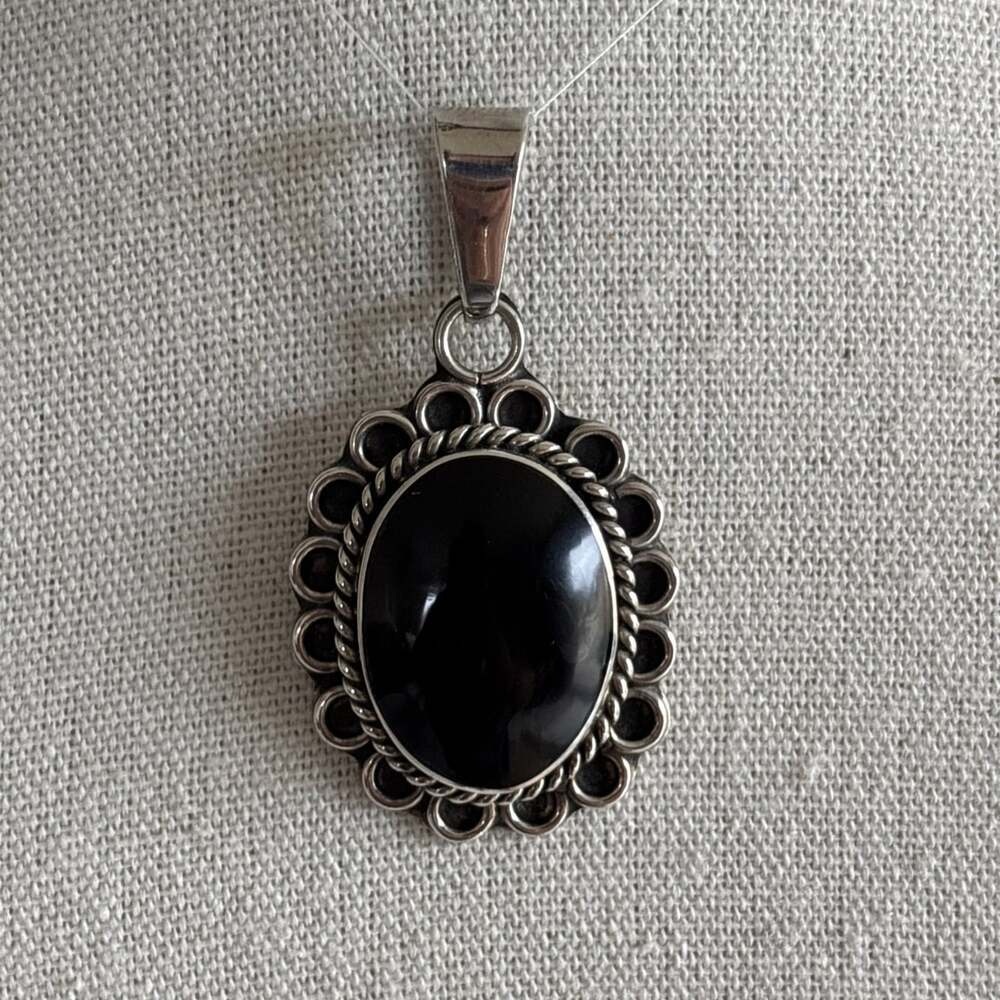 Black Onyx Sterling Silver Pendant Bold Statement Halo Detail Large